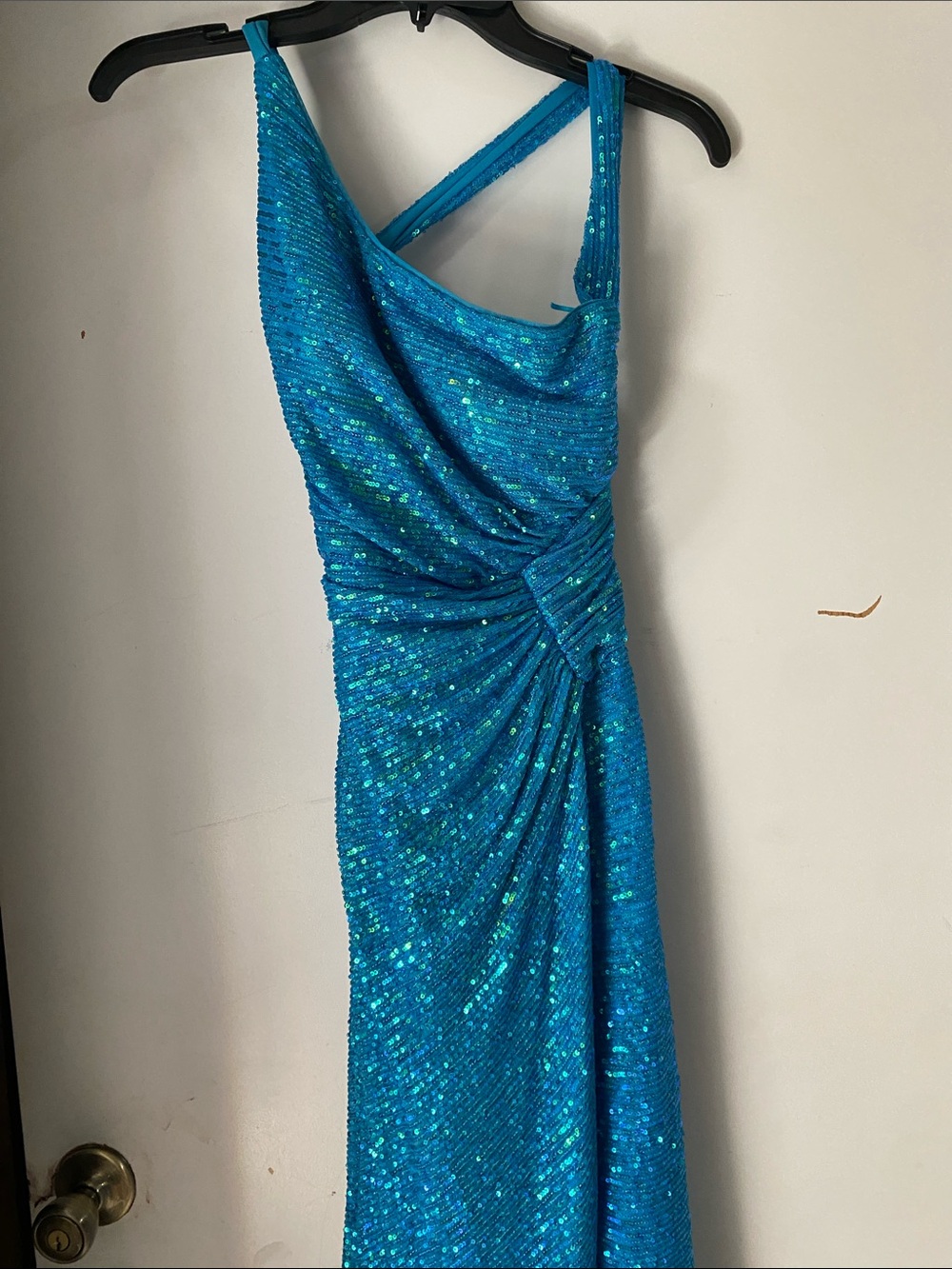Morgan & Co. Teal Sequin One-Shoulder Maxi Dress